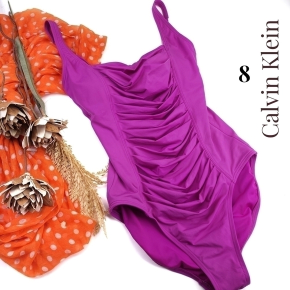 Calvin Klein Purple Pink Rouged Front One Piece Swimsuit Sz 8 - Picture 1 of 10